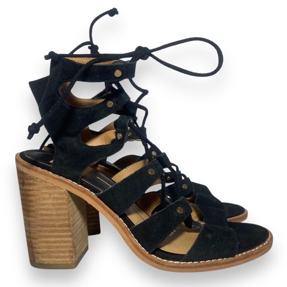 Dolce Vita Black Strappy Sandals Women Size 6 Genuine Suede Block Heels Lace Up